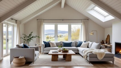 Cozy modern living room with wooden beams showcasing scandinavian house style trends, neutral tones, large sectional sofa, warm ambiance. Concept of scandinavian house style trends interior design.
