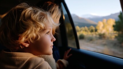 Child gazing out car window at scenic landscape under golden hour light