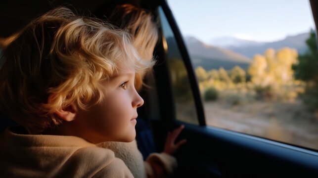 Fototapeta Child gazing out car window at scenic landscape under golden hour light