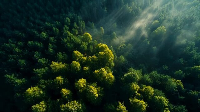 Aerial drone view of green forest with tall trees and natural sunlight. Peaceful nature scenery, perfect for environmental, travel, or documentary projects.