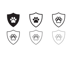 Paw print shield icons set black and white variations
