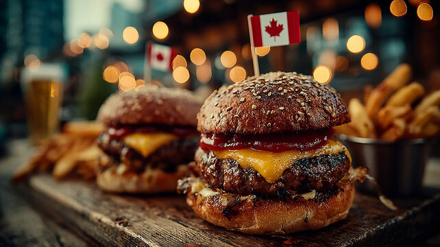 Canadian Backyard: Independence Day Celebration. Burger, drinks and meat with sauce on Canada's Independence Day.