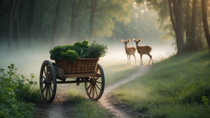 Fototapeta premium Vintage Cart Filled with Greens on Forest Path with Deer