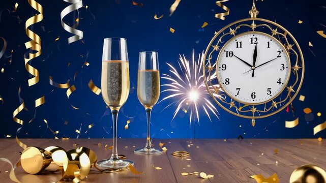 Champagne glasses stand on a table with fireworks exploding and a clock about to strike twelve.