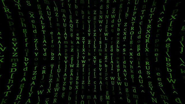 Abstract Matrix Motion Background. Encryption and digital security concept, flickering digital symbols. Cyber hacker attack data secure graphic user interface.