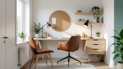 Modern minimalist home office showcasing clean lines, wooden desk, leather chairs, potted plants. Concept of inviting space embodying scandinavian house style trends, interior, simplicity.