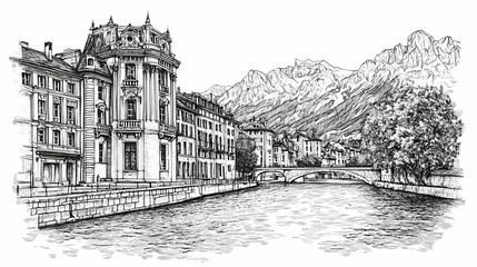 Architectural sketch of a european city by a river.