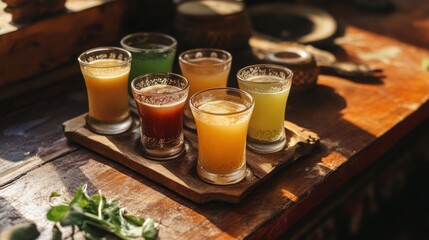 Colorful fruit juices on wooden tray in a sunny cafe