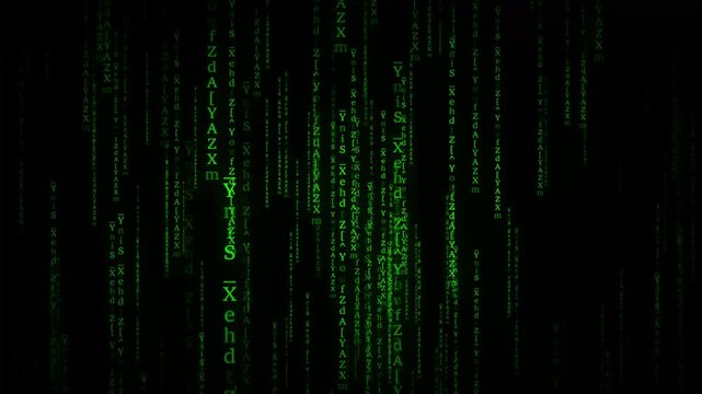 Abstract Matrix Motion Background. Encryption and digital security concept, flickering digital symbols. Cyber hacker attack data secure graphic user interface.