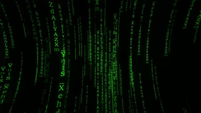 Abstract Matrix Motion Background. Encryption and digital security concept, flickering digital symbols. Cyber hacker attack data secure graphic user interface.