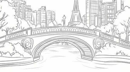 Fototapeta premium Cityscape sketch with a bridge over a waterway.