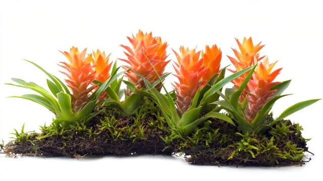 Vibrant orange bromeliads arranged on a mossy substrate against a bright background