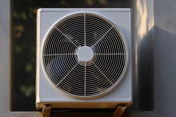 An outdoor air conditioning unit is mounted on a wall featuring a circular fan guard