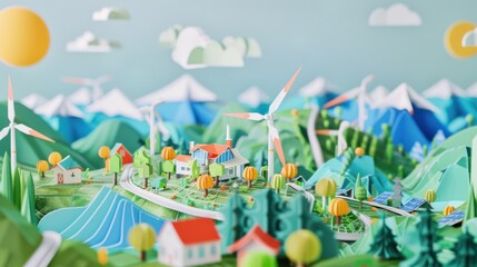 Obraz premium A conceptual view of Earth's renewable energy in community-based microgrid systems, illustrated in a microgrid vitality art style, Simplified paper art illustration of