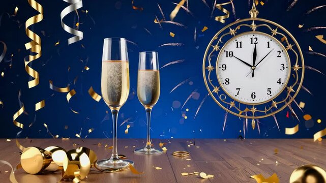 Champagne glasses stand on a table with fireworks exploding and a clock about to strike twelve.
