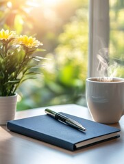 Notebook pen coffee sunlight table morning work office home relaxation peaceful calm productivity journal writing note drink hot plant floral background image desk day still life indoor light warm