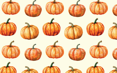 Autumn pattern with orange pumpkins. Watercolor background with pumpkins. Elements for autumn designs, Thanksgiving, Halloween, Harvest Festival, etc.
