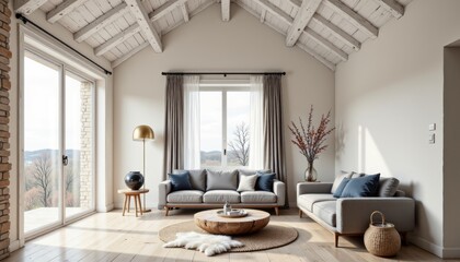 Bright, sunlit living room showcasing scandinavian house style trends, light wood flooring, grey sofas, and warm accents. Concept of cozy interior reflecting scandinavian house style trends.