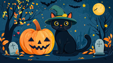 Cute black cat in a witch hat sitting beside a carved pumpkin in a spooky Halloween night scene