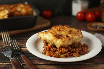 A shepherd's pie, freshly backed and ready to be served. Traditional English dish