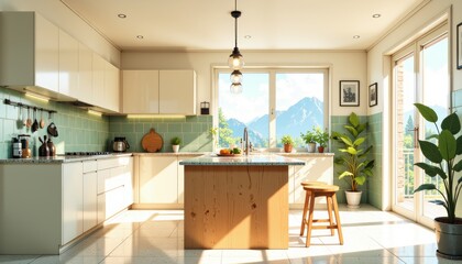 Bright modern kitchen featuring white cabinets, light green tiles, large window, natural light. Concept of open interior embodies scandinavian house style trends, highlighting simplicity.