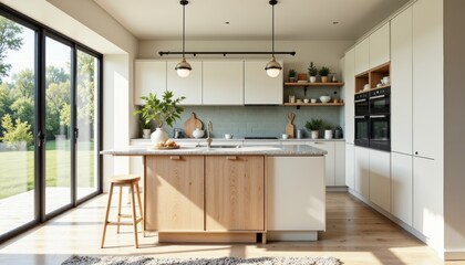 Modern minimalist kitchen featuring large island, white cabinets, wooden countertop, natural light. Concept of Scandinavian house style trends focusing on simplicity and elegance.