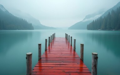 Fototapeta premium Red Wooden Dock Extending into Misty Teal Lake
