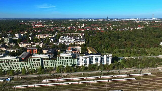 Aerial drone view of Neuhausen-Nymphenburg, a charming residential district in Munich, Germany, featuring historic buildings and leafy streets . 30 September 2024