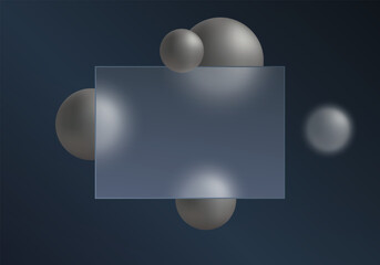 Interface with frosted glass panel and matte gray metallic spheres on a dark blue gradient background.