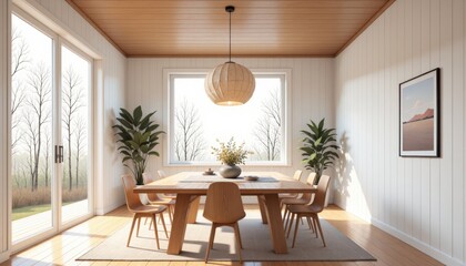 Bright sunlit dining room showcasing scandinavian house style trends, wooden table with yellow flowers, plants, minimalist decor. Concept of scandinavian house style trends, interior elegance.