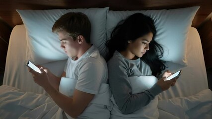 Young couple lying back to back in bed at night, engrossed in their smartphones, highlighting a growing distance and lack of communication in their relationship - Powered by Adobe