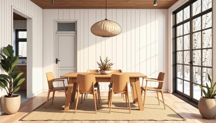 Bright dining room with wooden table, chairs, potted plant, large window. Concept of modern interior reflects scandinavian house style trends, emphasizing simplicity and natural beauty.