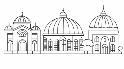 Architectural line drawing of buildings with domes.