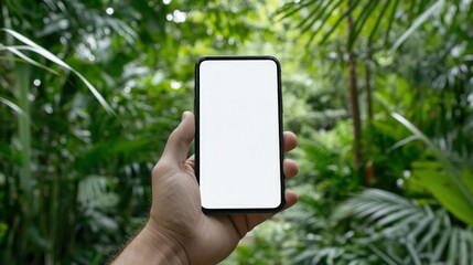Hand holding smartphone blank screen green tropical leaves nature background