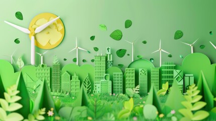 A conceptual view of Earth's renewable energy in sustainable biophilic design in architecture, illustrated in a biophilic design vitality art style, Simplified paper art illustration of