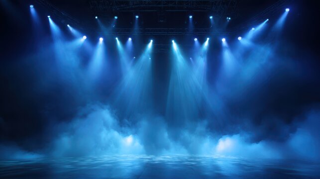 Vibrant blue stage lights illuminate a foggy scene, creating a captivating atmosphere for performances. The combination of light and fog enhances the theatrical experience during events