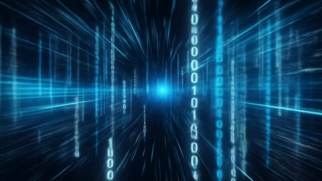 Futuristic Digital Data Stream with Binary Code and Glowing Light at the Center