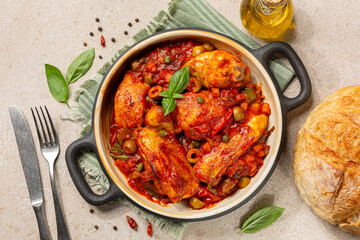 Chicken Cacciatore, Italian hunter style chicken stew made with  vegetables simmered in a tomato...