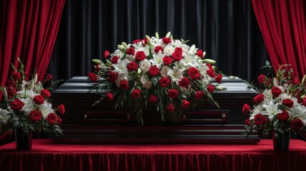 A casket adorned with vibrant red and white flowers surrounded by elegant floral arrangements creates a respectful atmosphere at a memorial service. The rich red drapery adds a dignified touch
