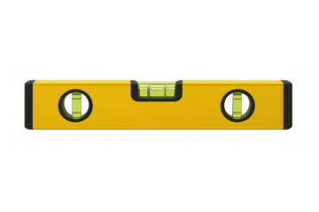 Horizontal yellow spirit level with bubble centered, indicating a perfect balance, isolated on transparent background, ideal for construction and diy projects