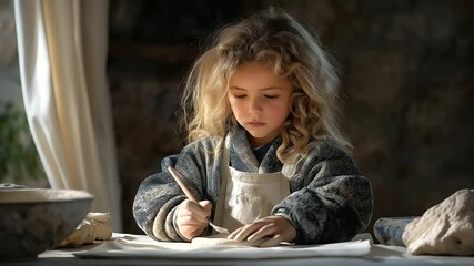 Young girl sculpting clay with creative expression