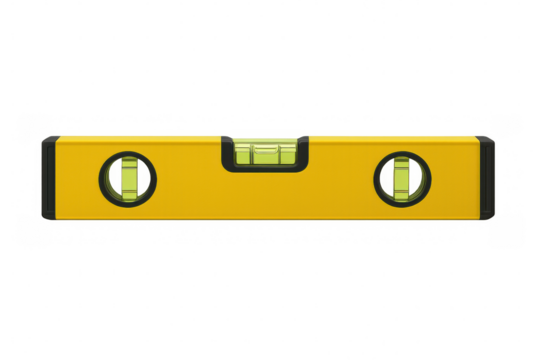 Horizontal yellow spirit level with bubble centered, indicating a perfect balance, isolated on transparent background, ideal for construction and diy projects