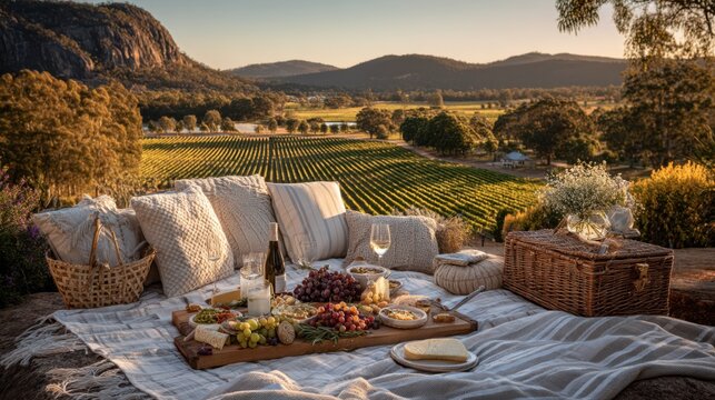 A cozy picnic setup featuring a spread of grapes, cheese, and wine offers a serene view of rolling hills and vineyards at sunset. The atmosphere is relaxed and idyllic