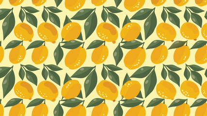 A repeating pattern of yellow lemons with green leaves arranged on a light yellow background creating a design