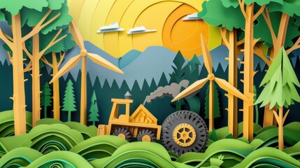 A conceptual view of Earth's renewable energy in sustainable carbon capture and storage technologies, illustrated in a carbon capture vitality art style, Simplified paper art illustration of