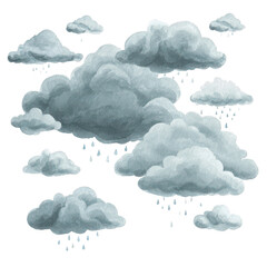 Rainy clouds with water drops falling, soft gray and blue tones, watercolor style, conveying calm and moody atmosphere with gentle rain showers