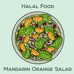 Mandarin orange salad, bursting with citrus flavors and mixed greens. This halal-friendly dish combines sweet oranges, crisp vegetables, and a tangy dressing for a delightful, healthy meal.