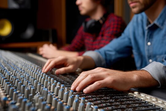 Audio mixer panel operated by two people one in denim the other with headphones
