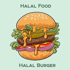 A Halal burger features a patty prepared according to Islamic dietary laws, ensuring meat is halal. Served with various toppings and sauces in a bun.