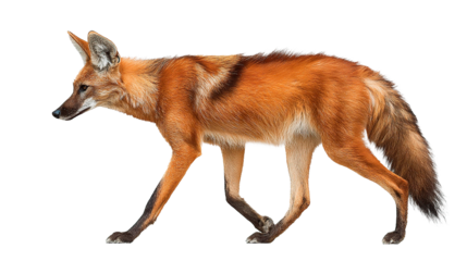 The stunning maned wolf walks gracefully in a side profile view, showcasing its elegant form.